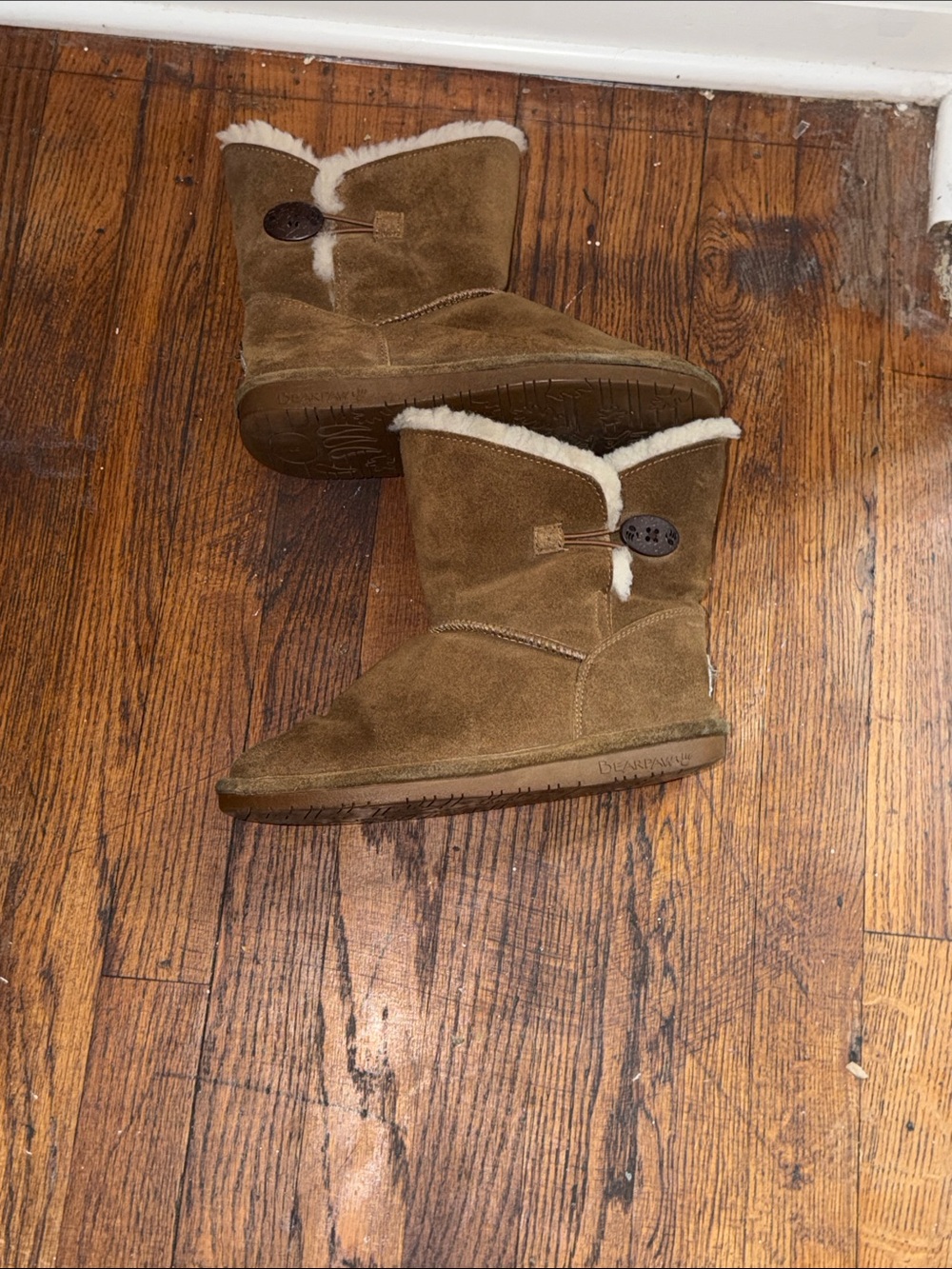 BearPaw Kids Tan Suede Button Winter Boots with Sherpa Trim